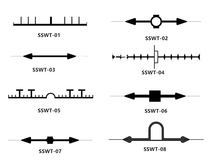 The cross section drawings of different shapes steel-side waterstops.